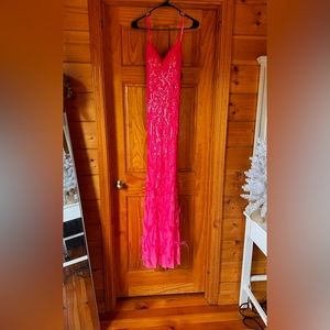Windsor Prom dress v neck with feathers at the bottom